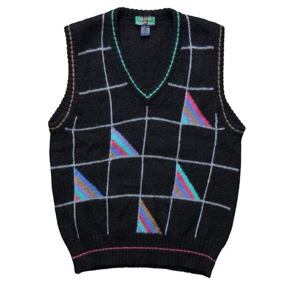 VTG 90s Alexander Julian Colours Shetland Wool Sweater Vest Sz L Black Geometric - Picture 1 of 6